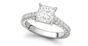 1.53ct princess cut diamond engagement ring in platinum with talon claws and fishtail-set shoulders featuring round brilliant diamonds – luxury bespoke design by Icecool diamonds.