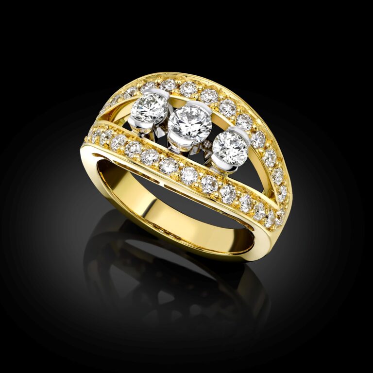 Finished bespoke diamond ring crafted using repurposed gold and diamonds from unworn jewellery