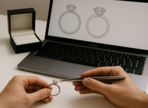Hands holding a diamond engagement ring with tweezers in front of a laptop displaying ring design sketches, next to an open ring box on a white desk.