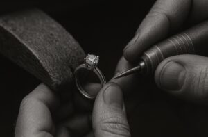 Black and white close-up of a jeweller setting a diamond engagement ring