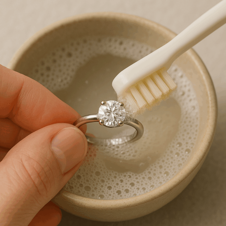 Hand cleaning a diamond ring with a soft-bristled toothbrush over a bowl of soapy water