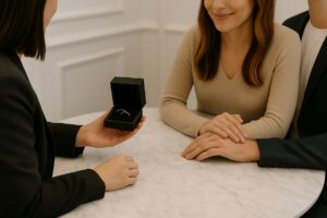 A couple receiving their wedding rings in a black ring box from a jeweller at a collection appointment.