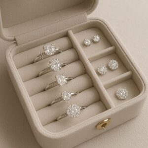 Diamond rings and earrings stored neatly in velvet jewellery box to prevent scratches