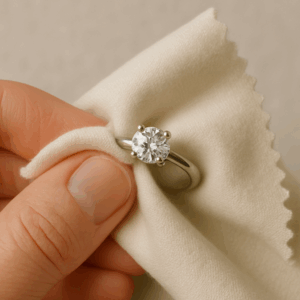 Hand drying a diamond ring with a soft, lint-free cloth for a polished finish
