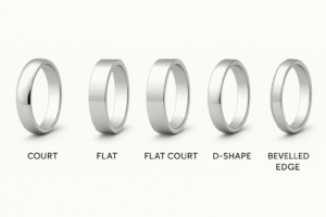 Side-by-side comparison of wedding ring profiles including Court, Flat, Flat Court, D-Shape, and Bevelled Edge, displayed in polished silver finishes.