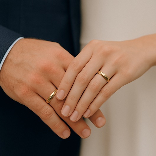 Close-up of a couple wearing matching gold wedding rings, showing different ring widths