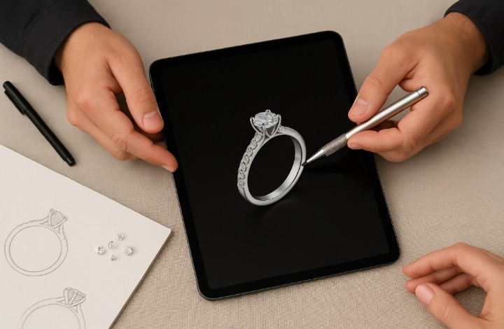 A bespoke engagement ring design consultation showing a CAD rendering of a diamond ring on a tablet, with hands discussing details using a stylus. Beside the tablet are pencil sketches, loose diamonds, and a pen on a beige surface.