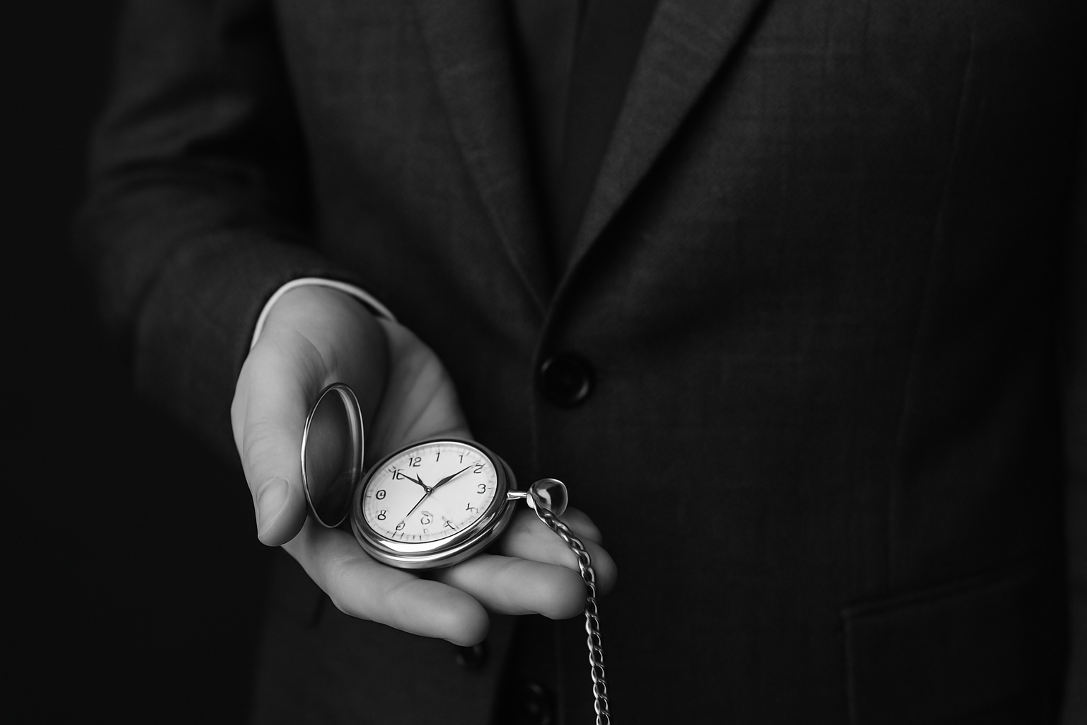 Black and white photo of a man in a dark suit holding a white gold pocket watch with a chain in his hand
