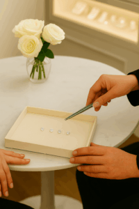a jewellery consultation at Icecool diamonds, selecting from a tray of small round brilliant-cut diamonds on a marble table
