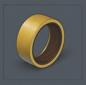Hand drawn design of Yellow gold flat profile wedding ring with a polished brushed finish and ironwood inlay on the inner band, displayed on a dark grey background.