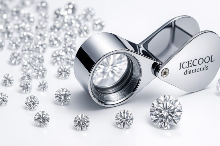 Jeweller’s loupe beside a selection of round brilliant-cut diamonds on a white background, reflecting precision and luxury craftsmanship