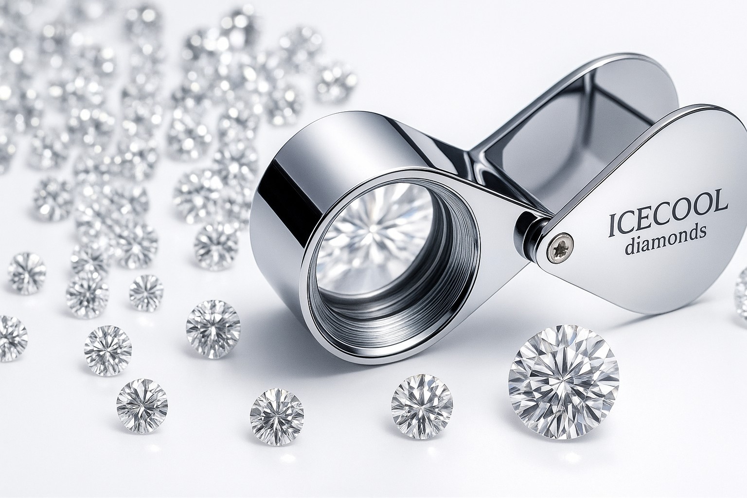 Jeweller’s loupe beside a selection of round brilliant-cut diamonds on a white background, reflecting precision and luxury craftsmanship