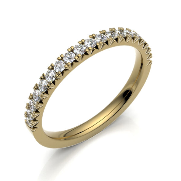 2mm Flat Court Fishtail Diamond Wedding Ring in 18ct Yellow Gold – Radiant Half-Eternity Detail