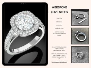 A bespoke platinum diamond engagement ring with halo setting, designed and handcrafted by Icecool diamonds.