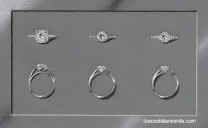 Hand-drawn platinum halo diamond engagement ring designs showing three elegant bespoke settings by Icecool diamonds.