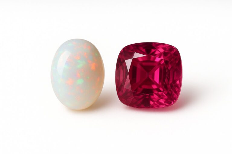 October birthstones opal and tourmaline displayed side by side — an oval opal with iridescent colour play beside a faceted pink tourmaline gemstone, photographed in luxury fine-jewellery style.