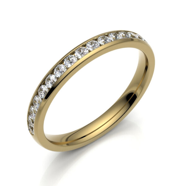 2.5mm channel set round diamond half eternity court wedding ring in 18ct yellow gold
