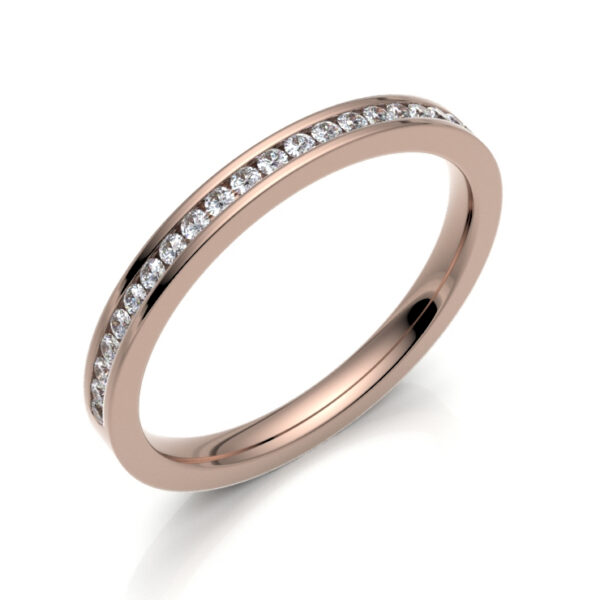 3mm channel set round diamond half eternity flat court wedding ring in 18ct rose gold