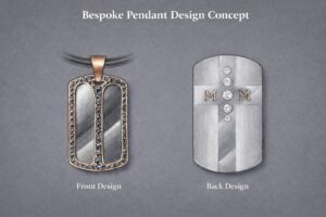 Design concept for a bespoke titanium and rose gold gent’s tag pendant featuring black diamonds on the front and a diamond cross tribute design on the back.