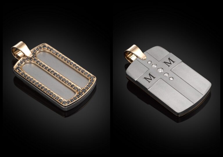 Bespoke titanium and rose gold gent’s tag pendant with black diamonds on the front and sentimental diamonds set into a cross design on the back, created by Icecool Diamonds.