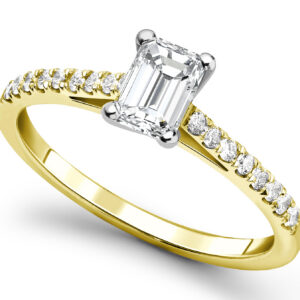Emerald Cut Diamond Engagement Ring micro pavé diamond band. 18ct yellow gold and platinum