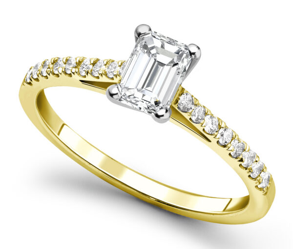 Emerald Cut Diamond Engagement Ring micro pavé diamond band. 18ct yellow gold and platinum