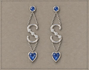 Hand-painted design for bespoke sapphire and diamond S initial earrings with heart-shaped sapphires by Icecool Diamonds.