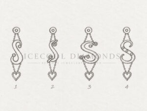 Four hand-drawn design concepts for bespoke sapphire and diamond initial earrings by Icecool Diamonds.